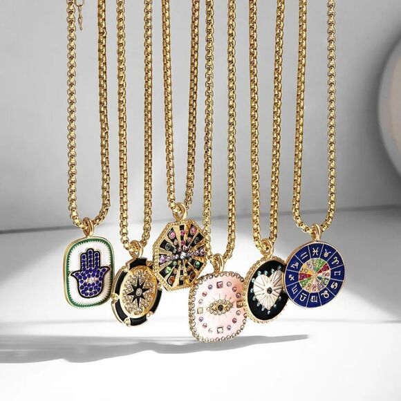 18k Gold Plated Reversible Astrological Chart Medallion Intuition Necklace - Picture 13 of 14